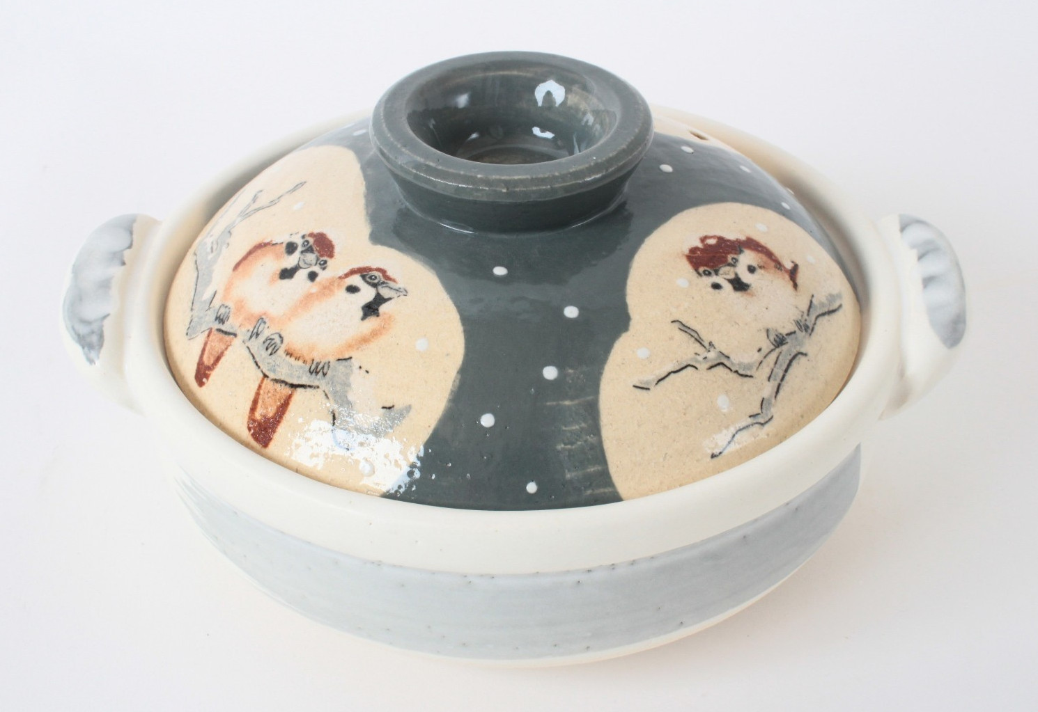 Banko ware Japanese Pottery Clay Pot Donabe (7.1inch) Snow and Sparrows