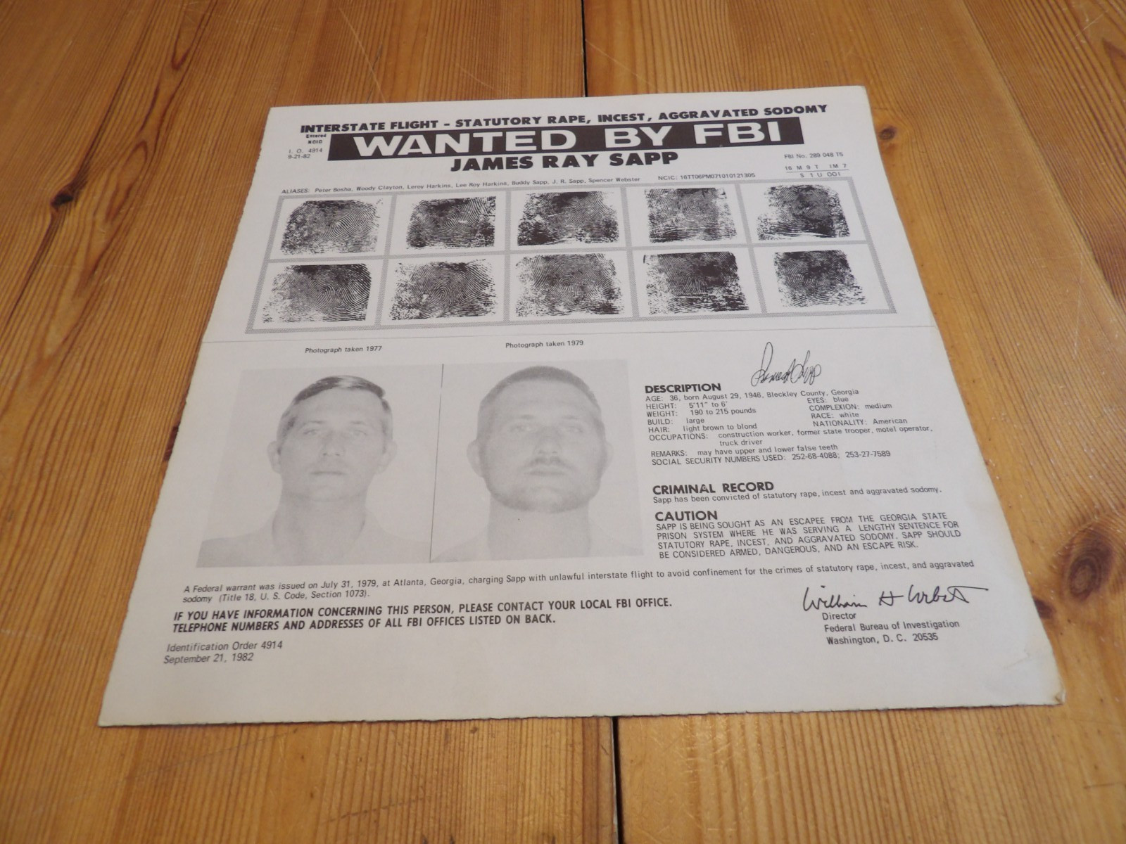 FBI Wanted Poster James Ray Sapp, Rape, Incest, Sodomy, Escape