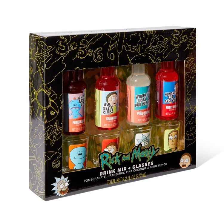Rick and Morty drink mix and shot glasses