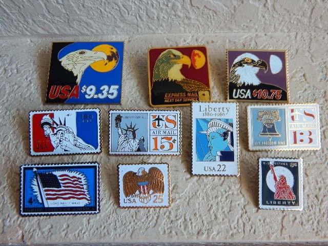 10 Vintage 1980s USPS Patriotic Enamel Stamp Lapel Pins-Eagle, Statue of Liberty
