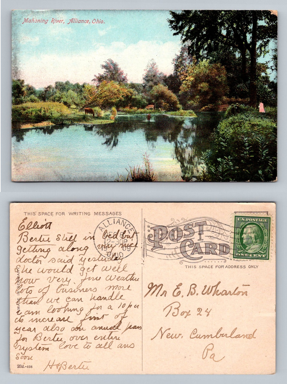 Alliance, OH-Ohio, Mahoning River Landscape Reflection Vintage c1909 Postcard