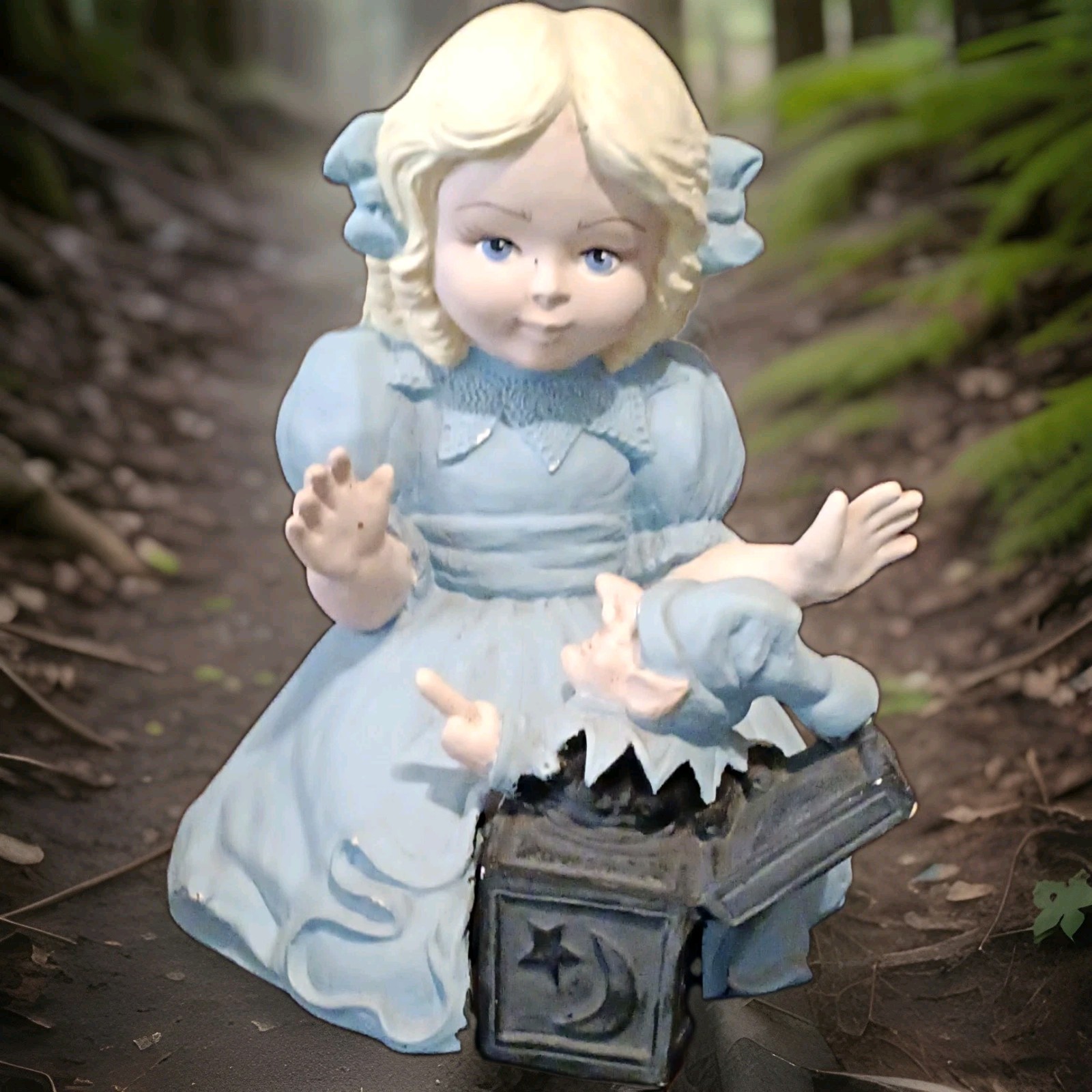 Painted Resin Girl Figurine Blue Dress with Toy Chest Decorative Sculpture