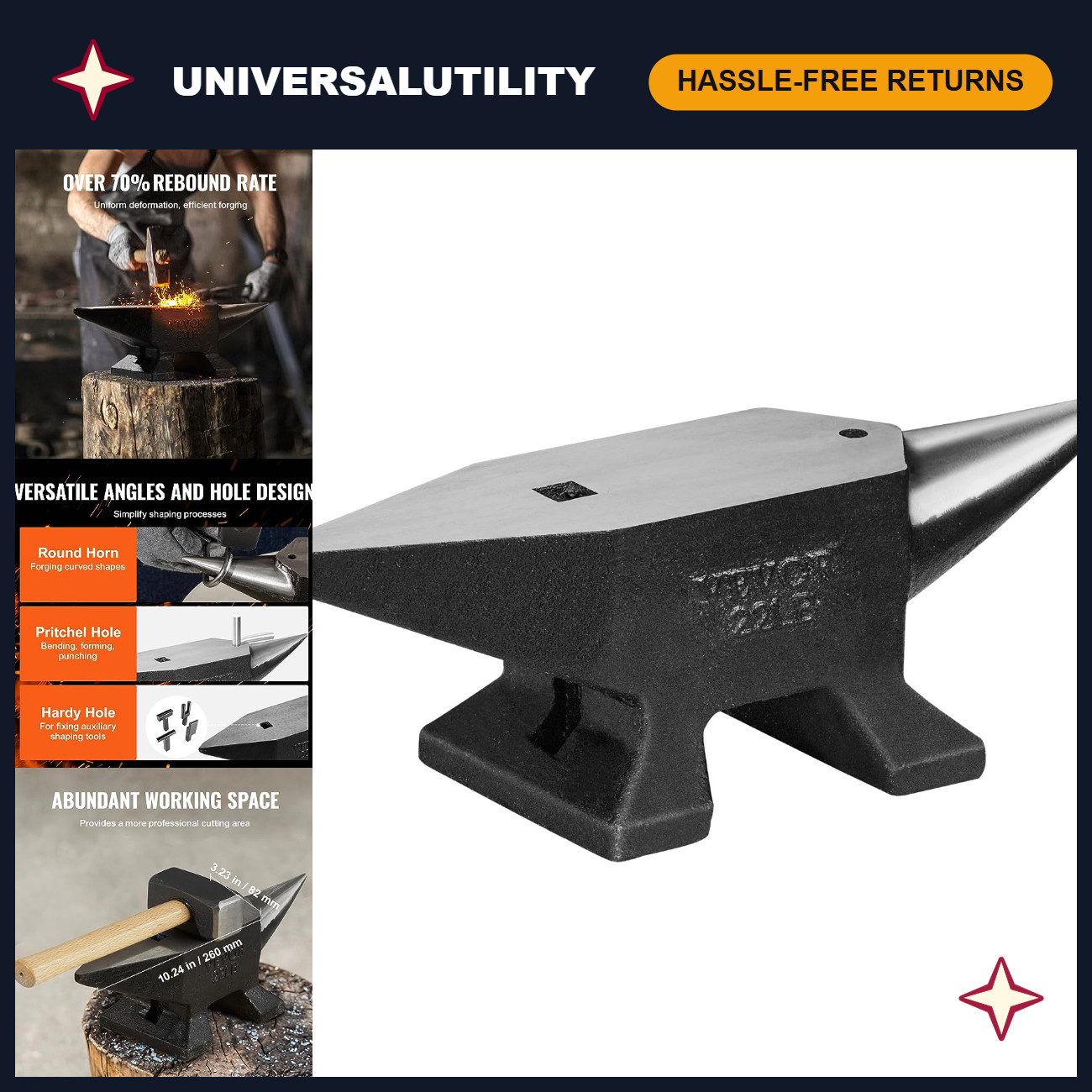 22Lbs Cast Steel Anvil - High Hardness Blacksmith Tool, Round & Square Holes, St