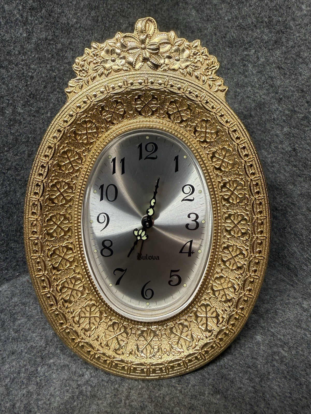 Vintage Bulova Gold Quartz Floral Freestanding Alarm Clock Japan Works