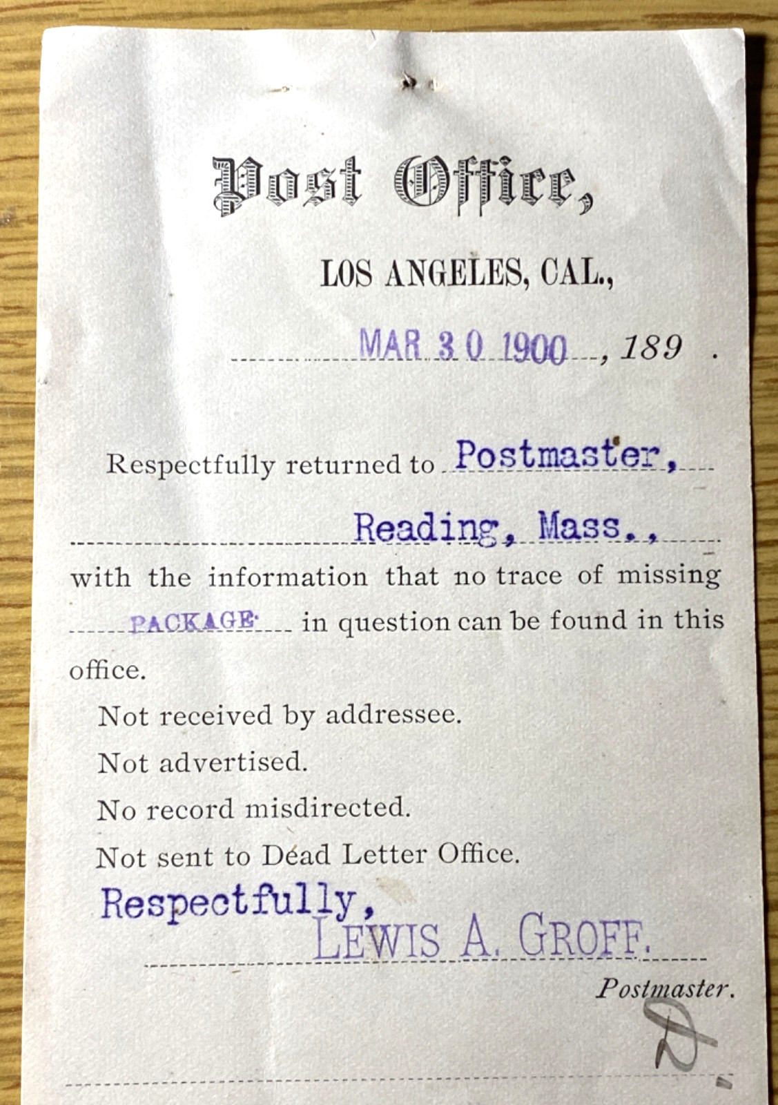 1900 LOS ANGELES, CALIFORNIA vintage ephemera LEWIS A. GROFF, POSTMASTER GENERAL