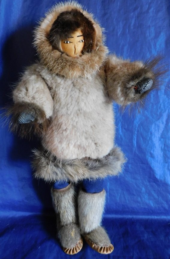 Vtg Alaskan Eskimo Doll with Fur, Leather and Stitched Face-Hand Made-Bead Eyes