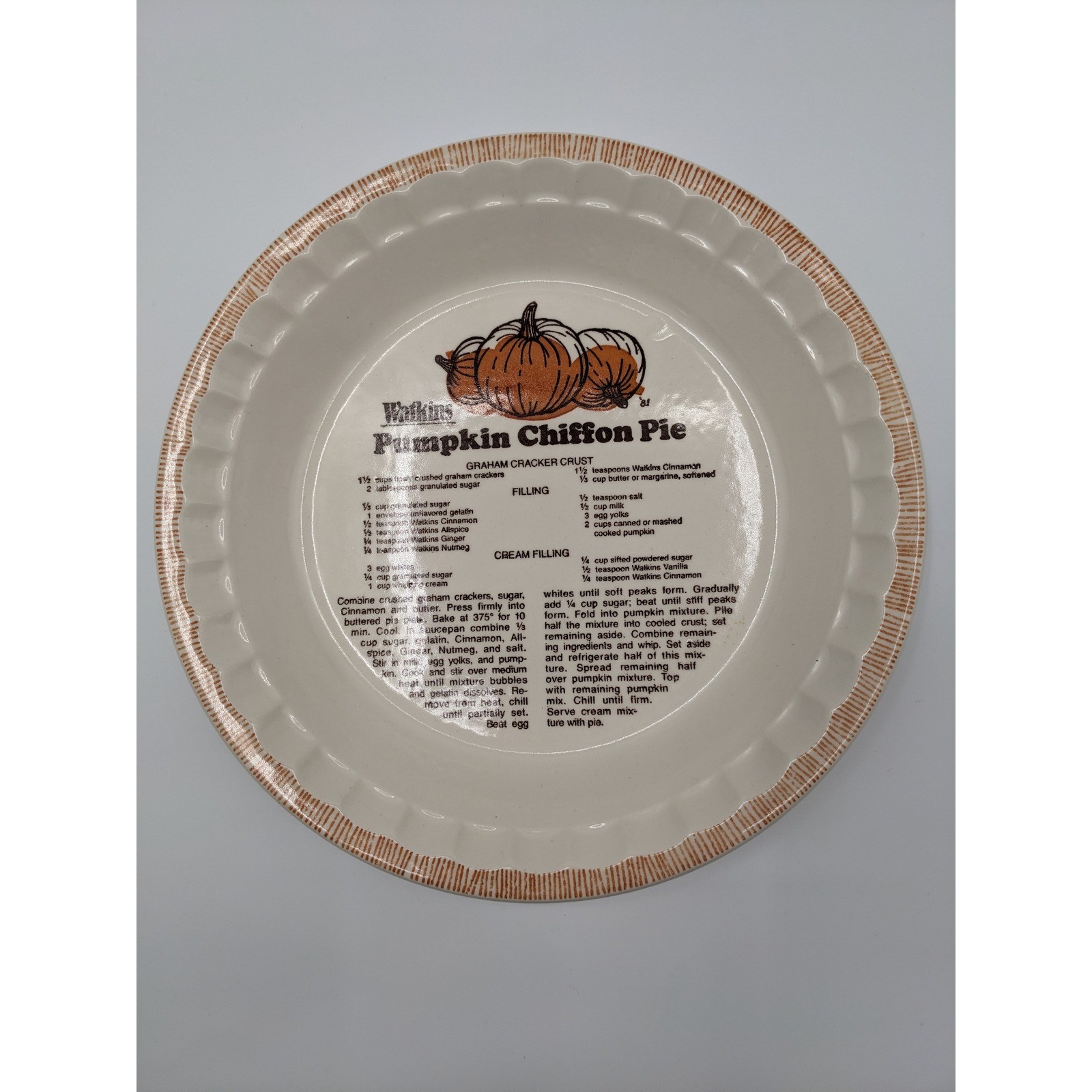 Vintage 1981 Watkins Pumpkin Chiffon Pie Recipe Plate Dish Fluted Stoneware 11\