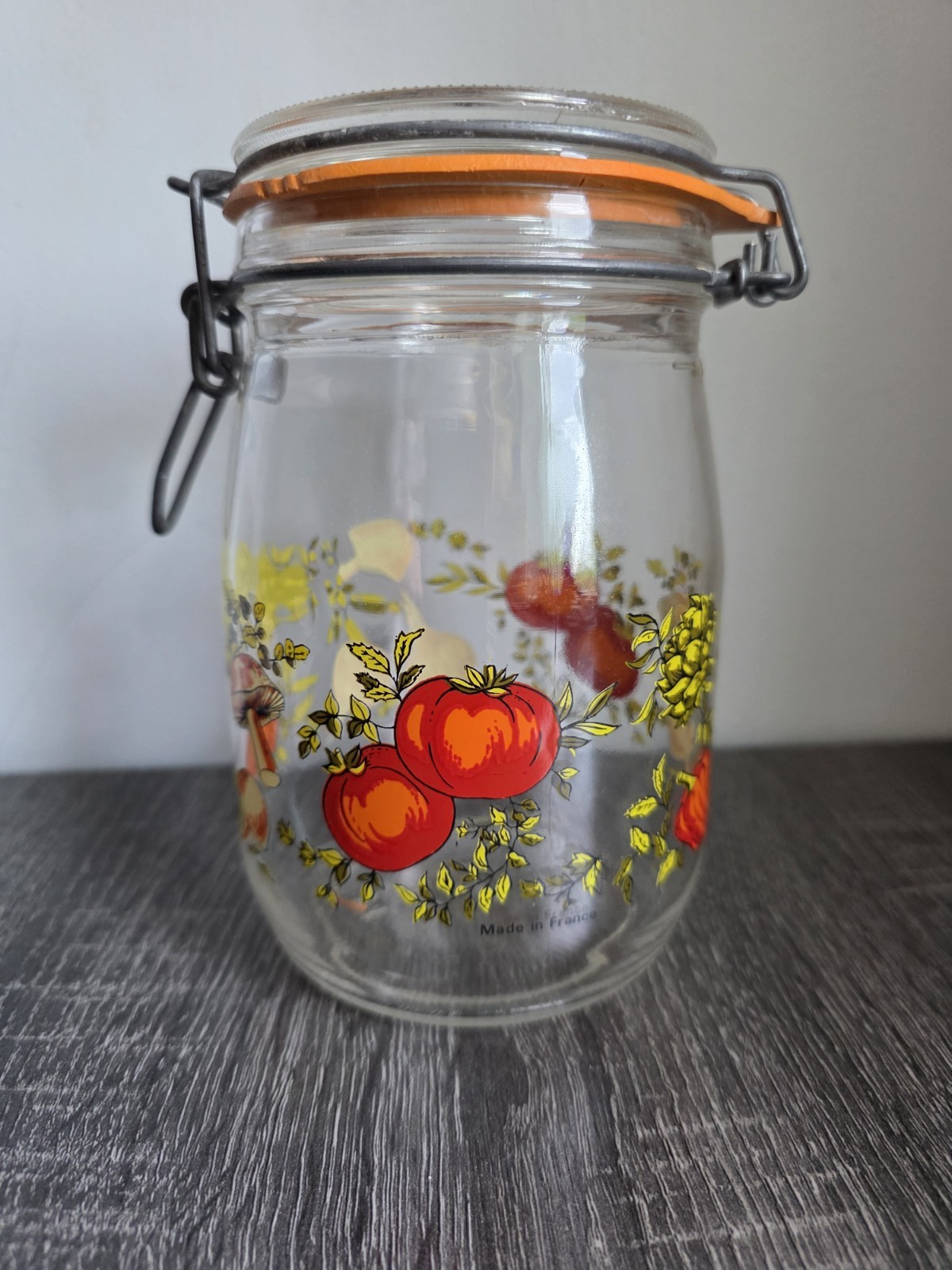 Vtg 1970s France 1 L Liter Glass Canister Jar Veggies Mushrooms Onions Hinged 