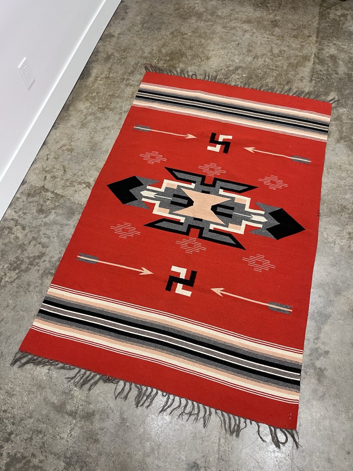 Vintage 30’s 40’s Chimayo Textile Whirling Log Motif Red 45.25” x 69.75”