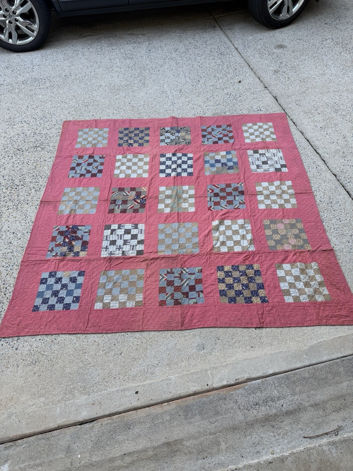 Antique C 1880's Quilt 36 Patch pink Mourning Shirt prints Indigos Browns