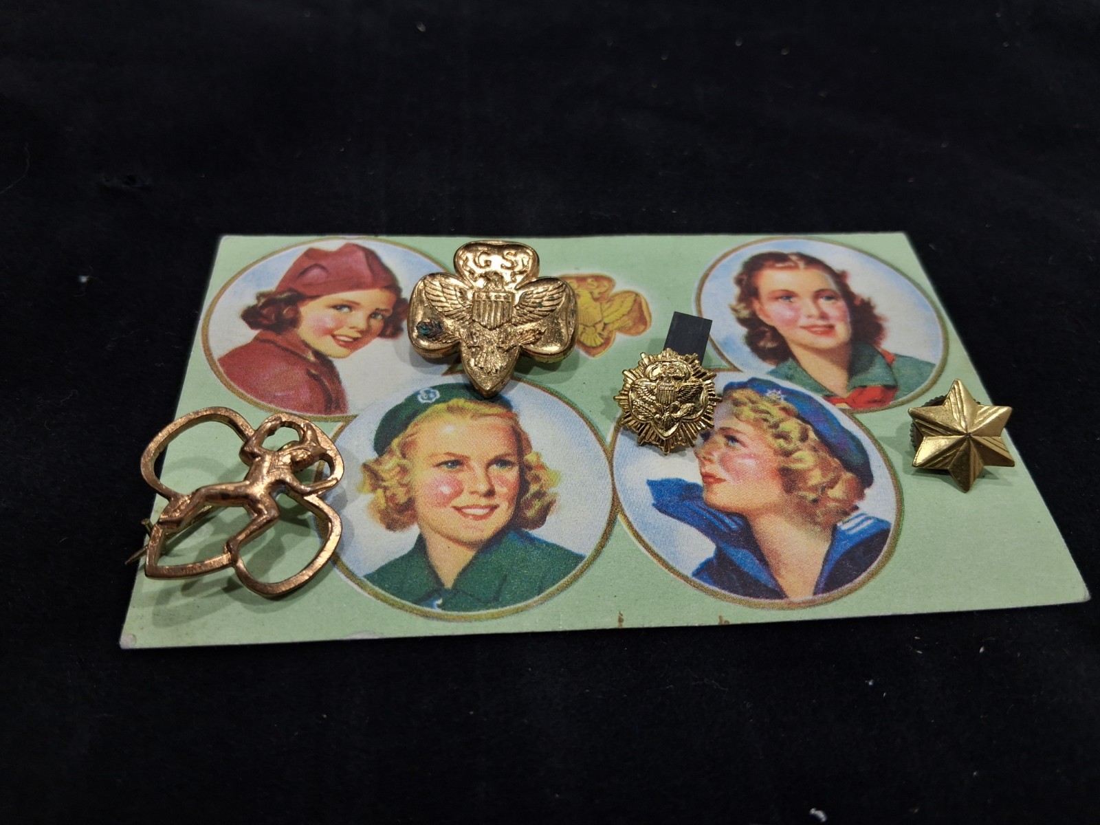 Vintage 1940s Girl Scout Pin Collection w/ 1942 Named Membership WWII era scout