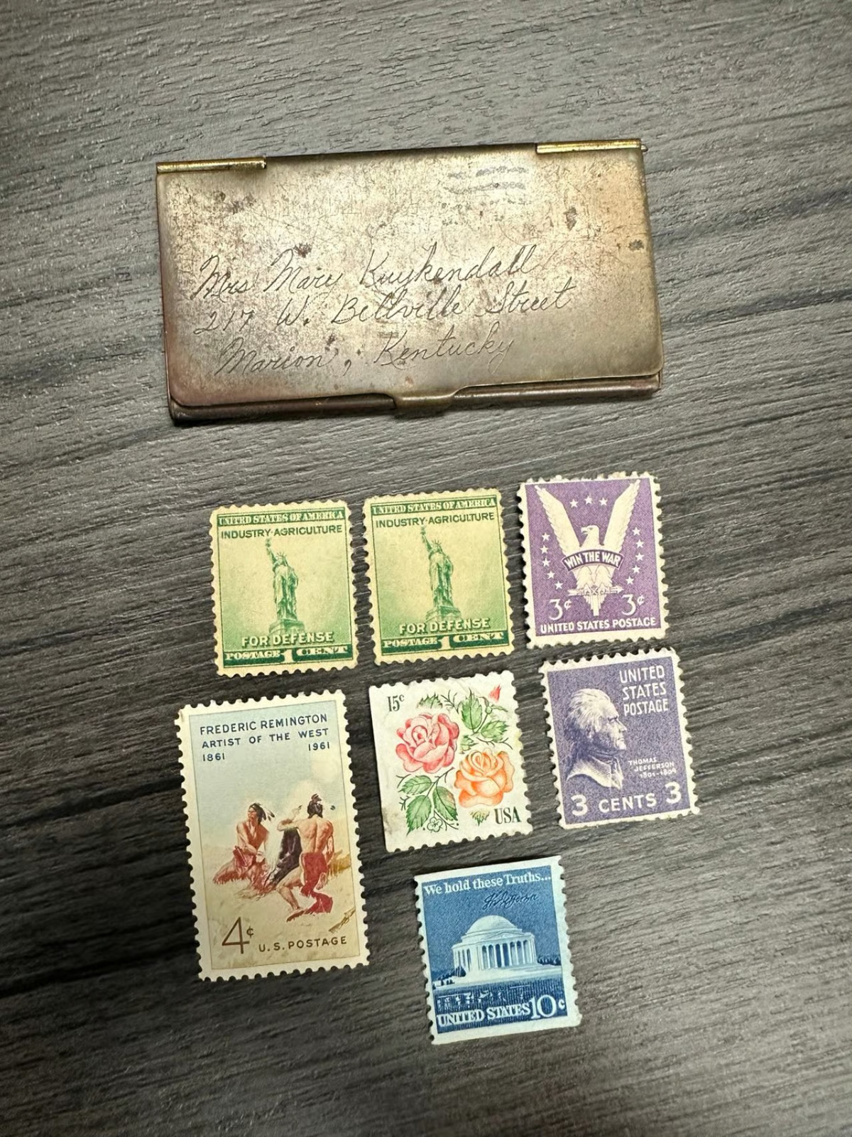 Antique Engraved Metal Envelope Vesta Case with Vintage US Postage Stamps