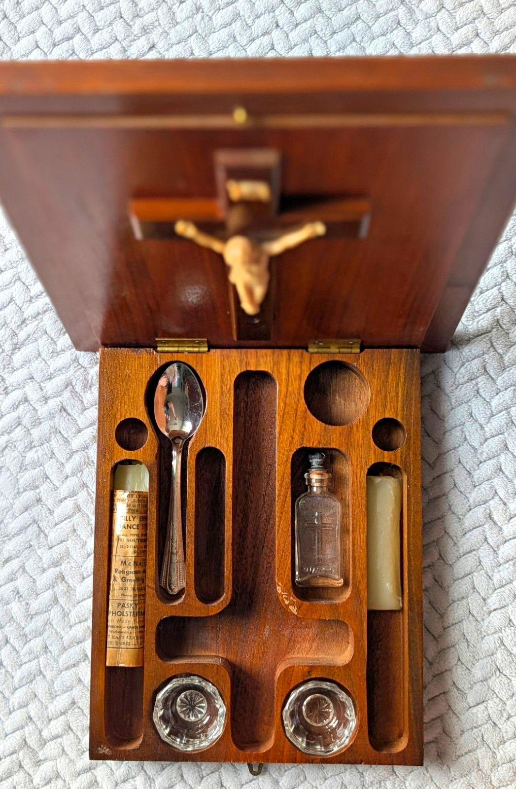 Vintage Catholic Last Rites Sick Call Box Set with Antique Holy Water Bottle