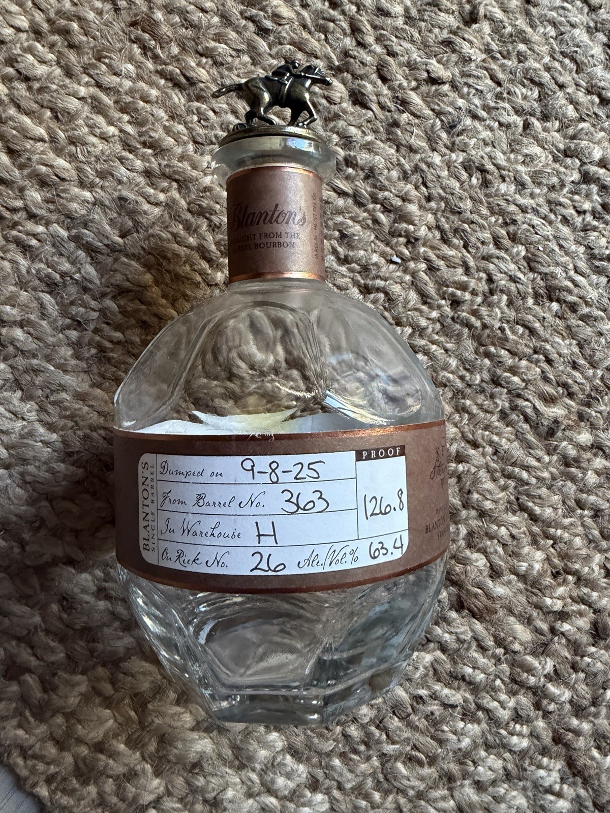 9-8-25 Blanton\'s straight from the Barrel 126.3 750mL Clear Empty Liquor Bottle
