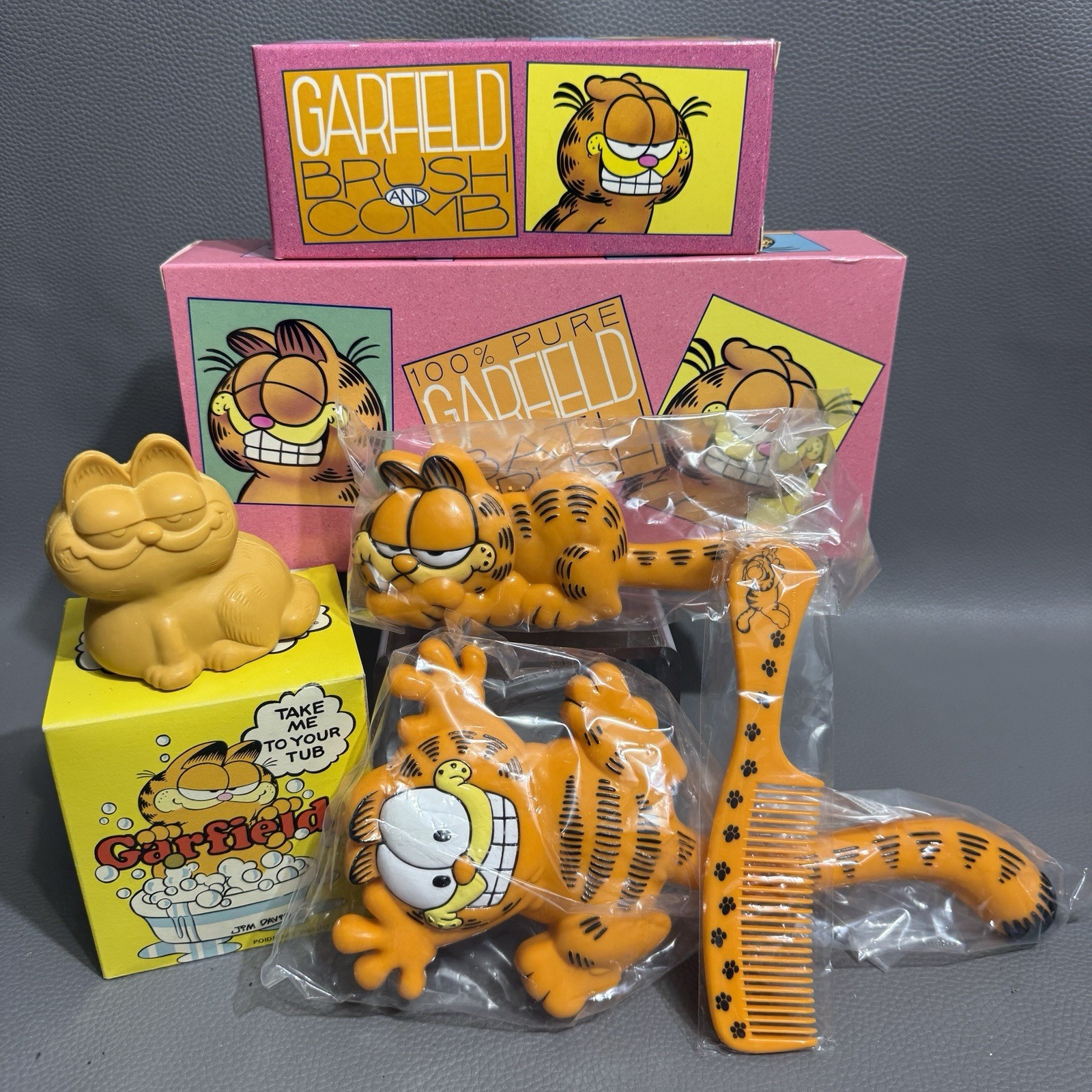 New Old Stock Vintage Garfield Bath Brush, Soap, Brush And Comb In Boxes