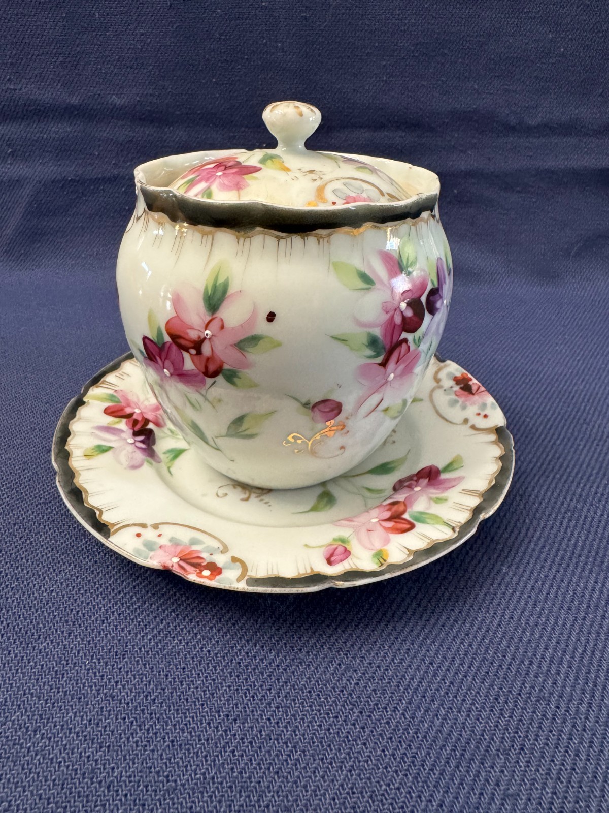 Vintage Porcelain Lidded Sugar Bowl w/ Underplate Hand Painted Floral