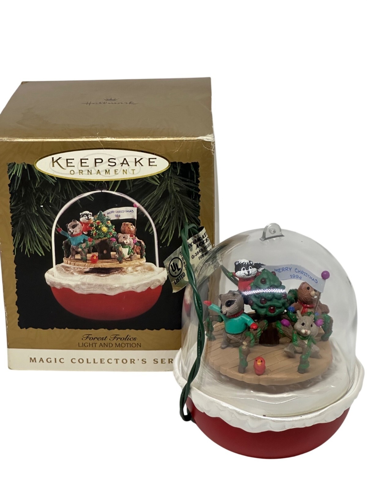 VTG 90s Hallmark Keepsake Magic Ornament Forest Frolics Light Motion Boxed Decor