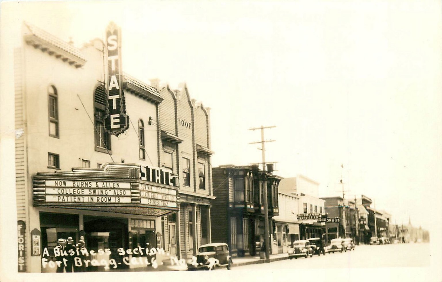 RPPC Fort Bragg, CA State Theatre 1938 Burns & Allen College Swing Movie