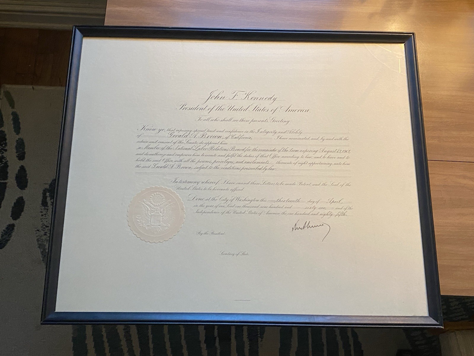 PRESIDENT JOHN F. KENNEDY - DOCUMENT SIGNED 04/13/1961 CO-SIGNED BY DEAN RUSK