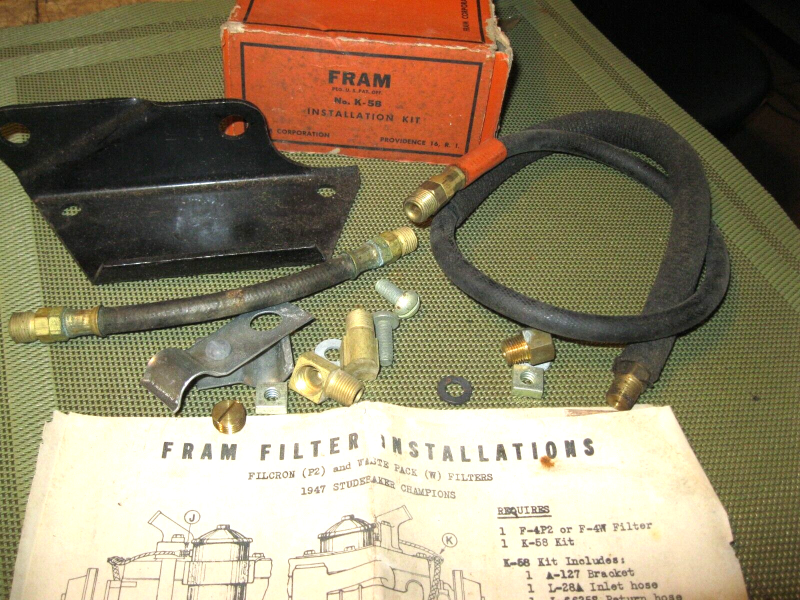New 1947-Studebaker Champion oil filter installation kit, genuine Fram