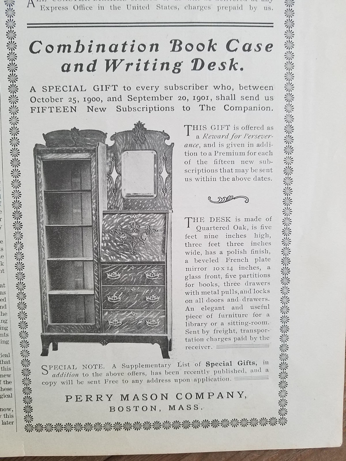1901 Perry Mason Co Boston MA quartered Oak writing desk Furniture vintage ad