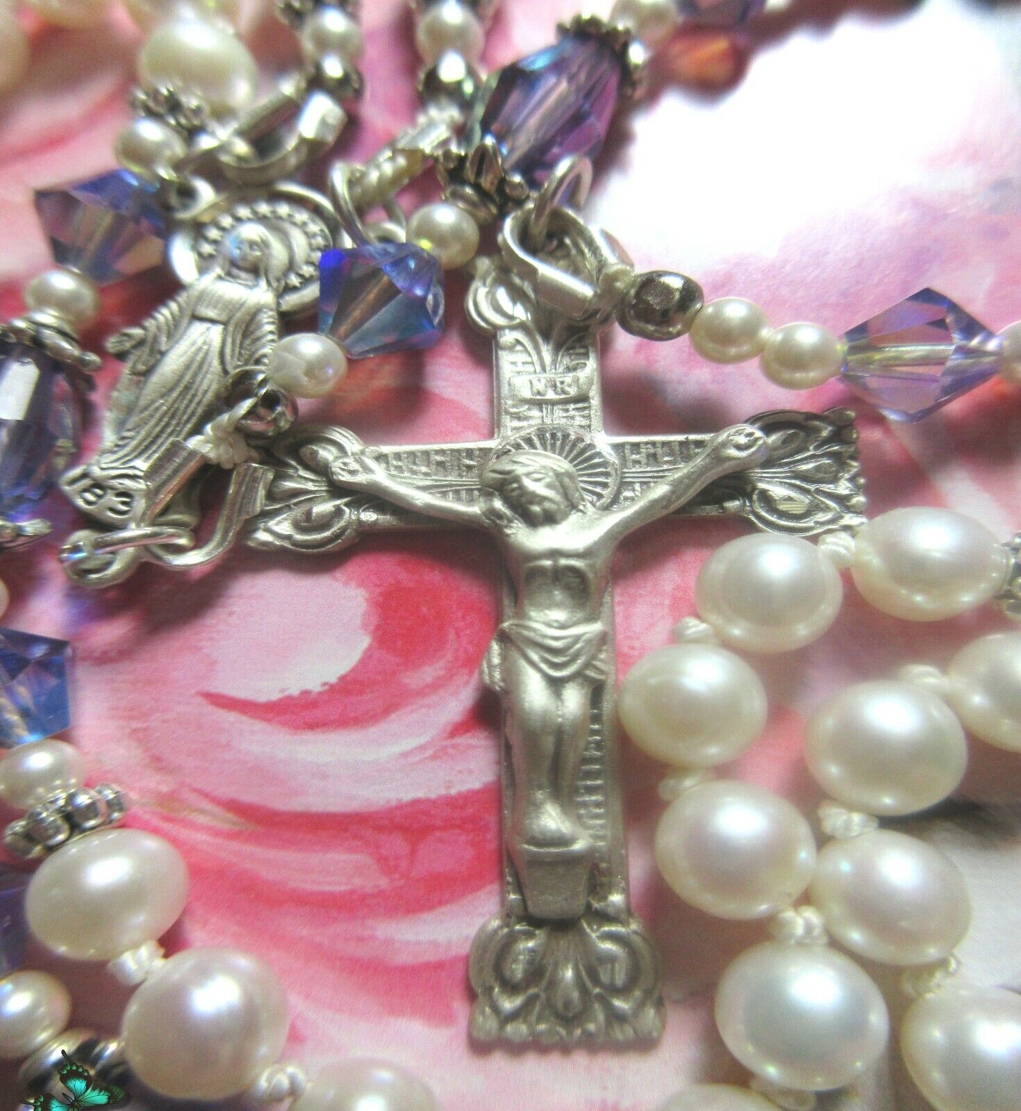 Freshwater Pearl Rosary Hand Knotted with Swarovski Tanzanite AB Beads .925 SS