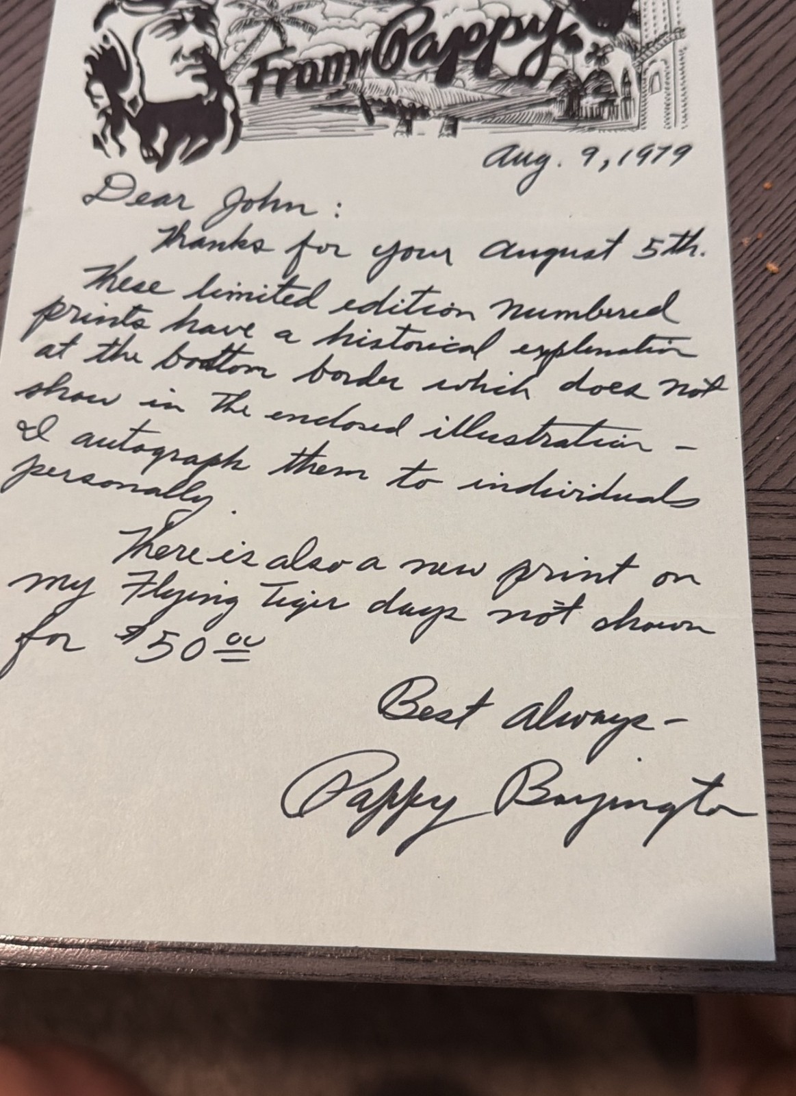 Pappy Boyington Handwritten Signed Letter 1979 VMF-214 Black Sheep Ace WWII
