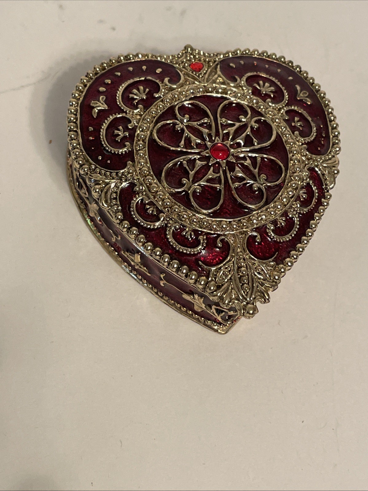 RARE Vintage Heart Jewelry Box - Ruby Red Enamel & Gold Ormolu - NWOT 3.5”L