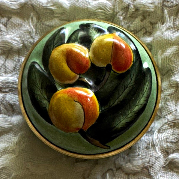 Halcyon Days Enamels Small Round Green Enamel Fruit Design Pill Box