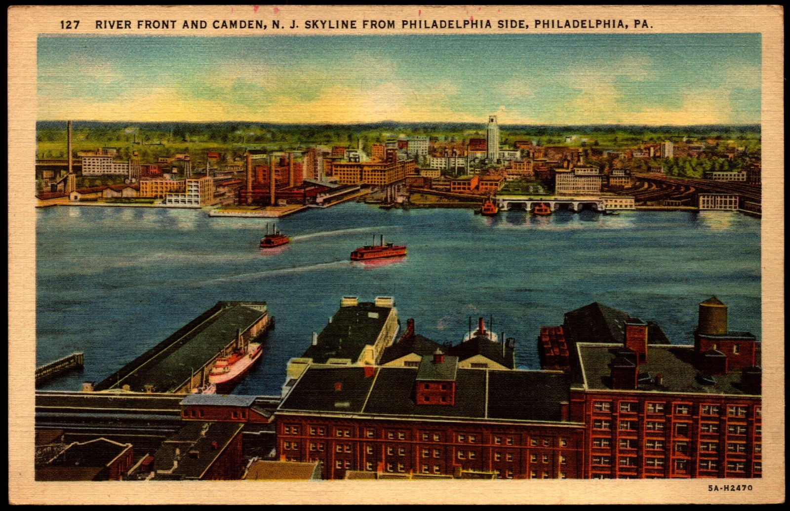 Postcard PA Philadelphia Pennsylvania Riverfront Aerial View c1930s F11