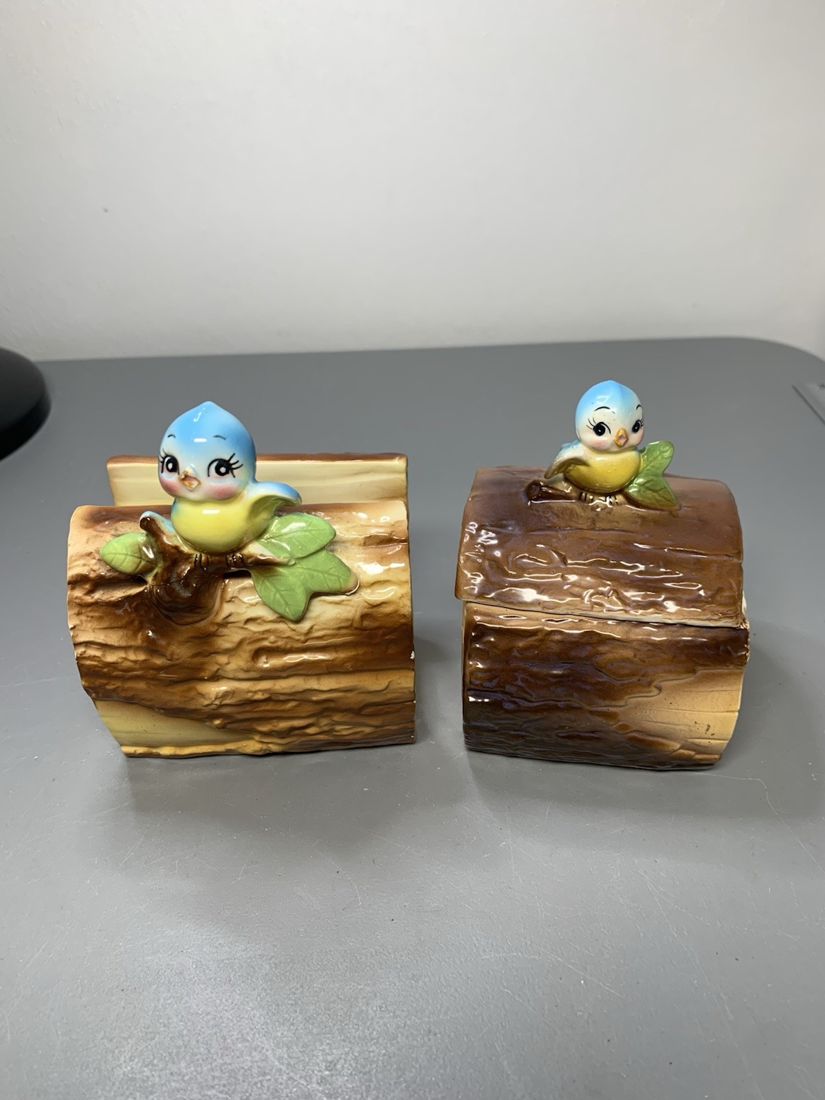 HTF Vintage Norcrest Baby Blue Bird on Log Napkin Holder & Sugar Bowl