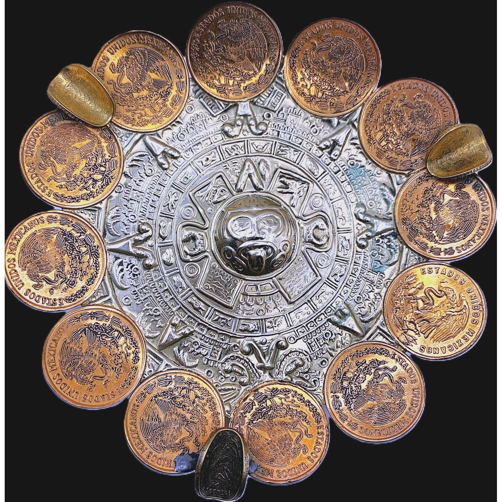 Vintage 1967-1974 Mexican Centavos Aztec Coin Art Ashtray Mid Century Handmade