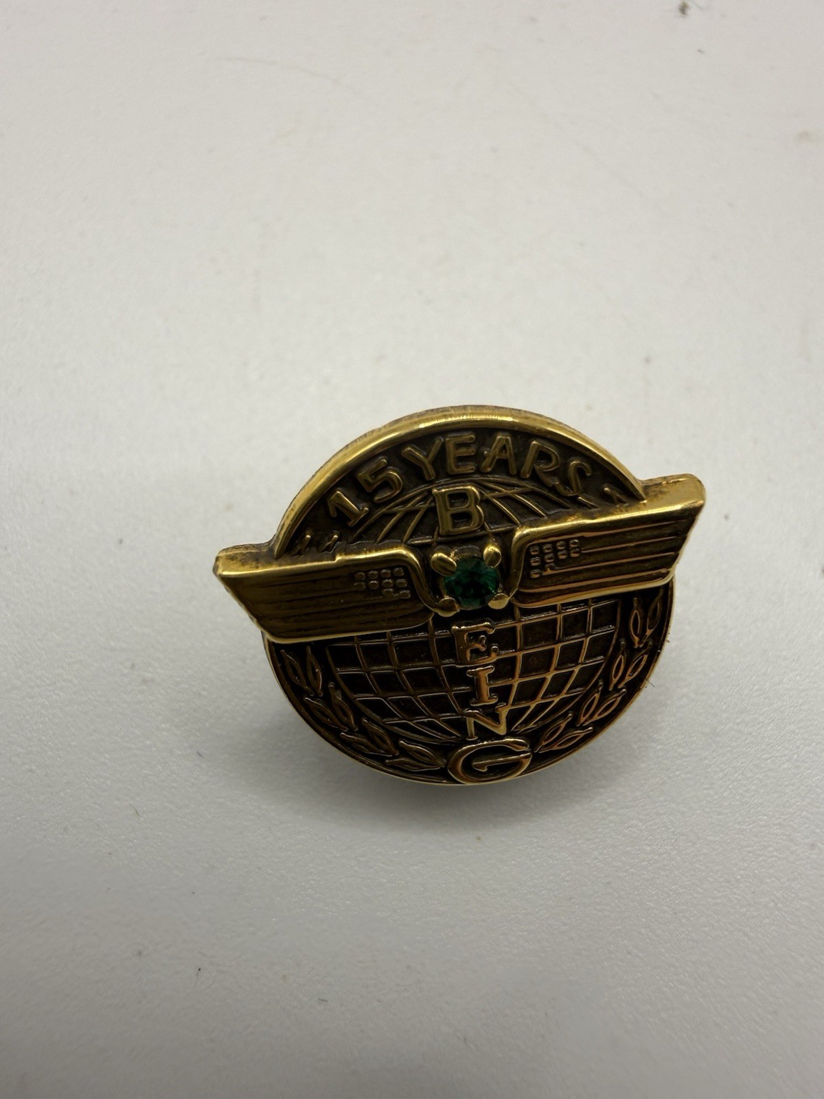 Vintage Boeing 15 Year 10K Gold Filled Service Pin Back Green Stone