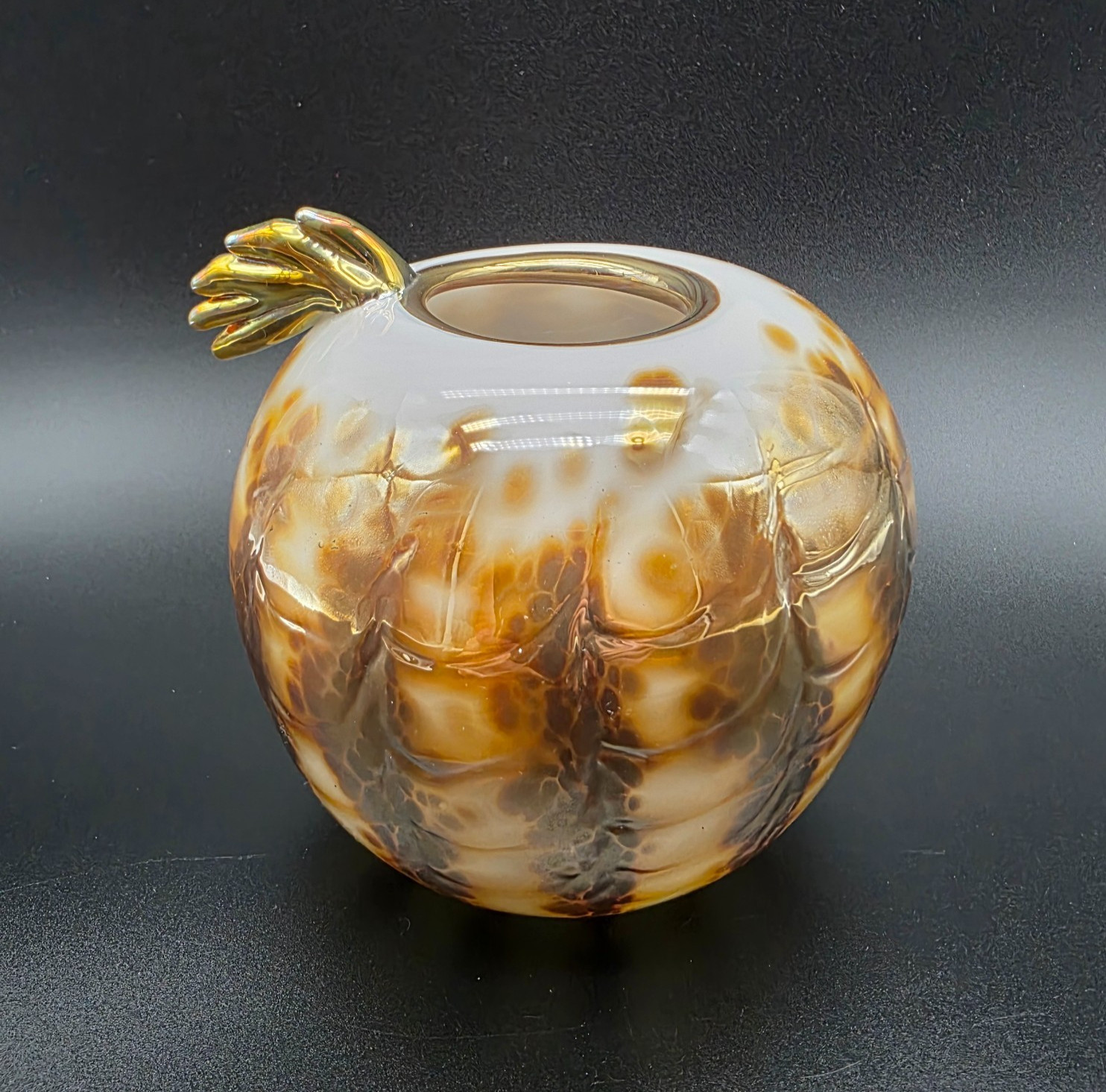 Whimsical Art Glass Vase handmade gold & cream Glass Signed Unique Asymmetrical