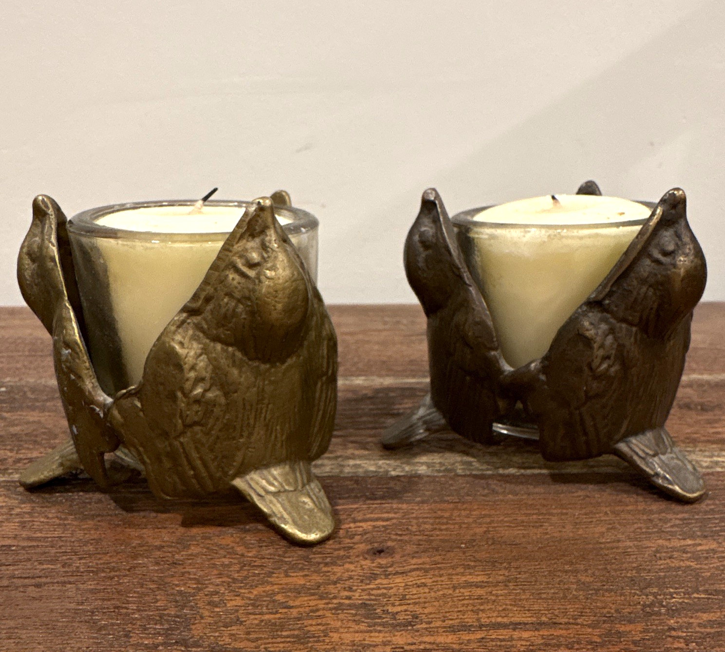 Vintage Pair of Brass Bird Candle Holders Votives w/ Glass Cups