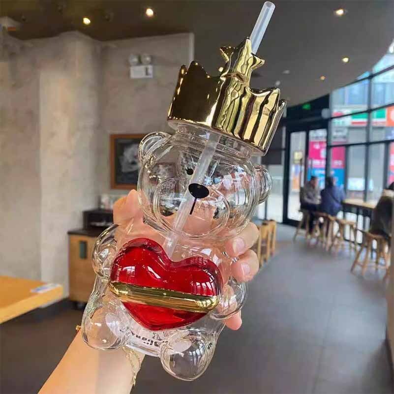 Starbucks China 2022 Valentine's Day Gold Crown Bear Style 18oz Glass Straw Cup