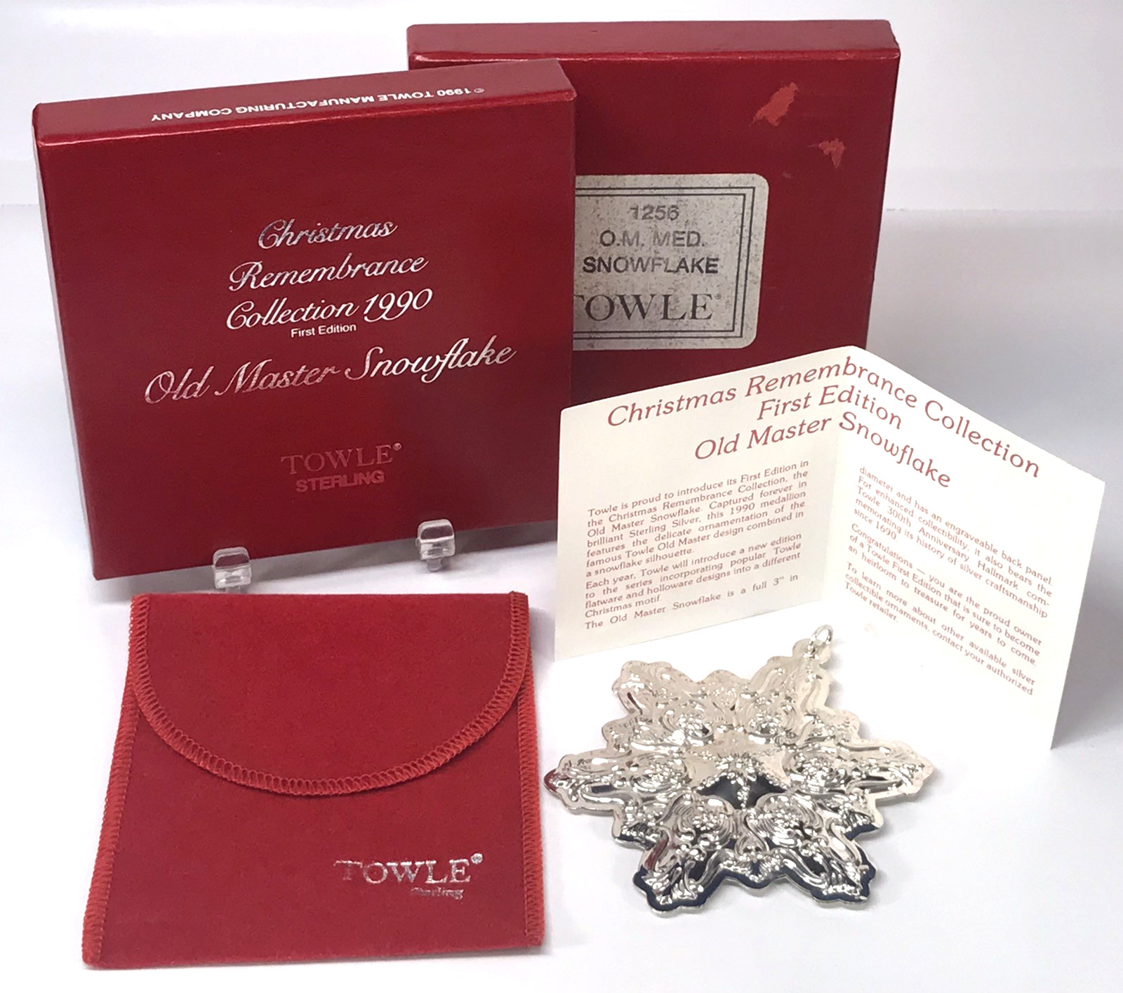 TOWLE 1990 STERLING OLD MASTER SNOWFLAKE ORNAMENT 1st ED BOX POUCH COA 20g