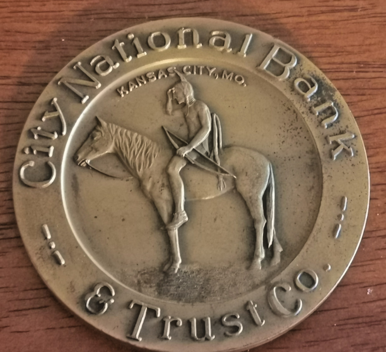 1947 City National Bank & Trust Kansas City MO Paperweight Indian Design Brass