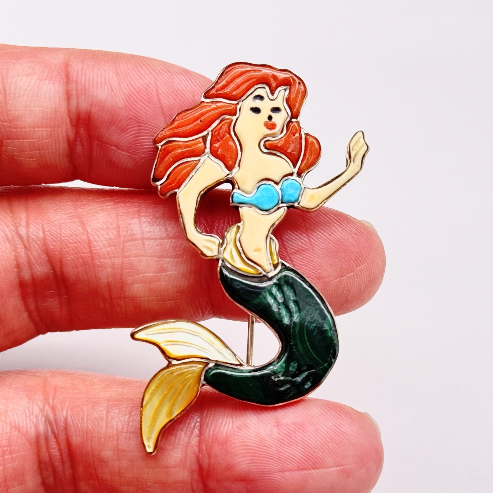 Vintage Zuni Zunitoon Mermaid Coral Turquoise Sterling Silver Brooch - Hairline
