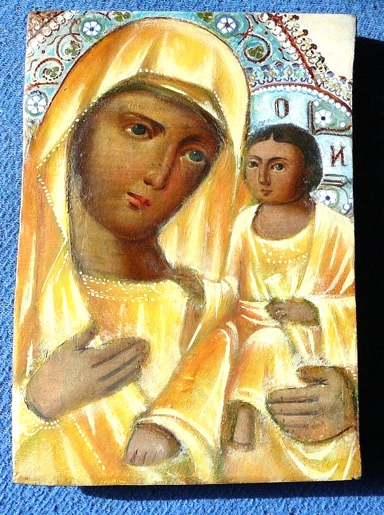 Old 18-19th Century God Mother Orthodox Icon Wood Oil Restoration