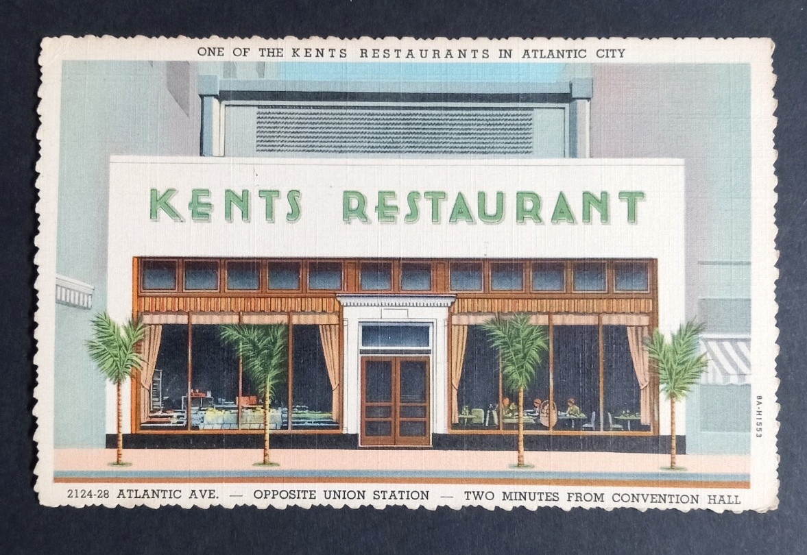 Kents Restaurant Postcard c1940s Deckled Edge Atlantic City NJ Linen Curt Teich