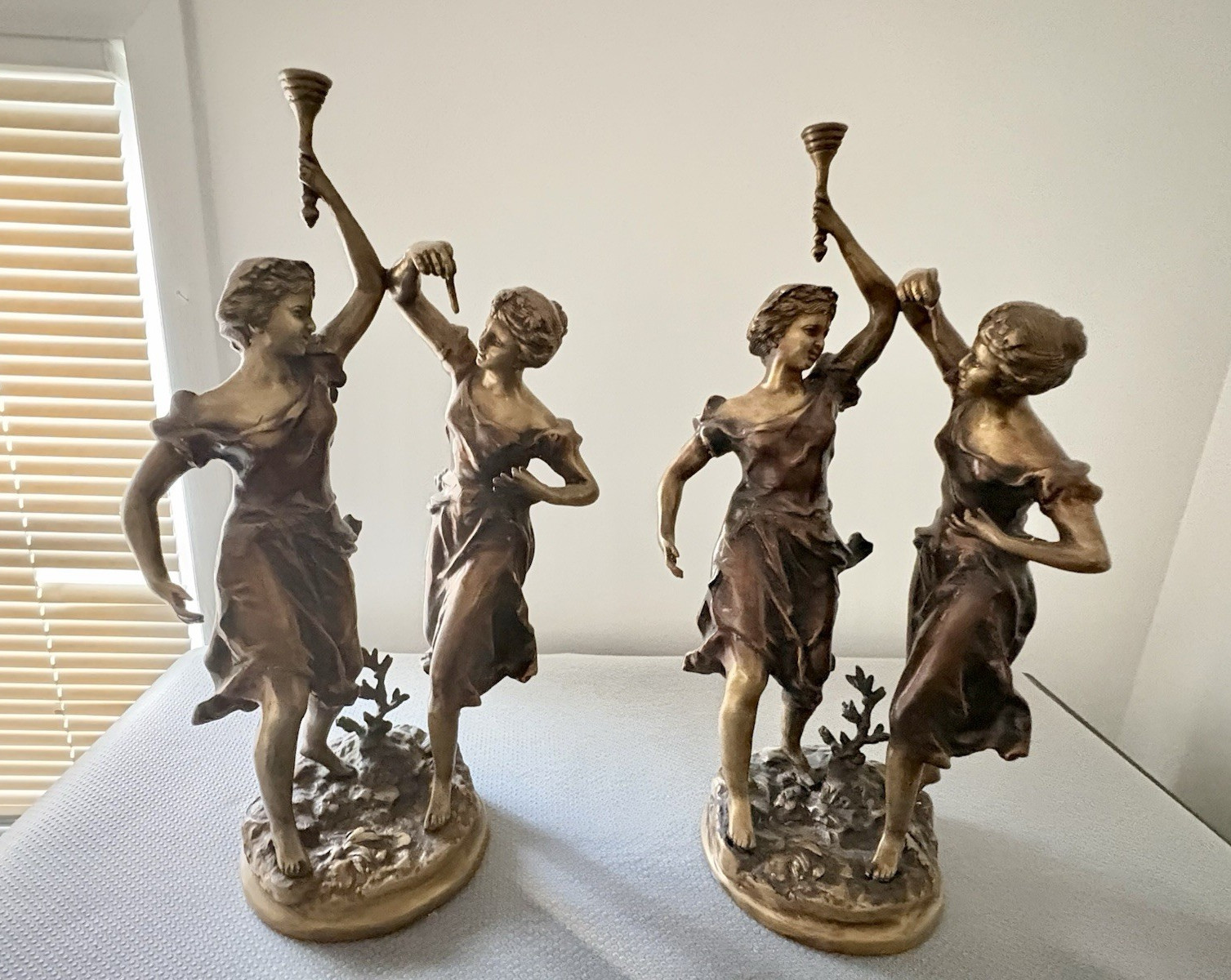 Two Bronze statues E Rancoulet Olympia Sculpture of two Women with Torch 20