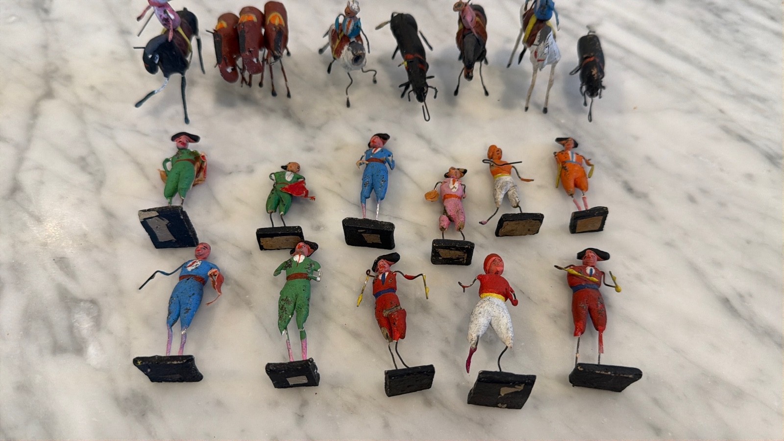 18 Vintage Mexican Folk Art Clay & Wire Miniature Bullfighting Set - Torero
