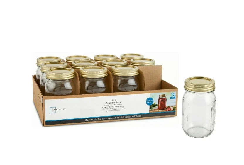Mainstays Regular Mouth 16oz Mason Jars, 12 Pack Glass Canning Jars with Lids.