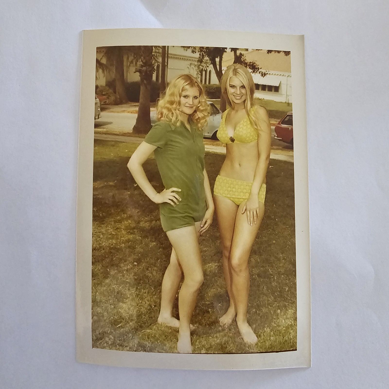  1970s Two Smiling Blonde Woman Posing Yellow Bikini Green Romper Vintage Photo