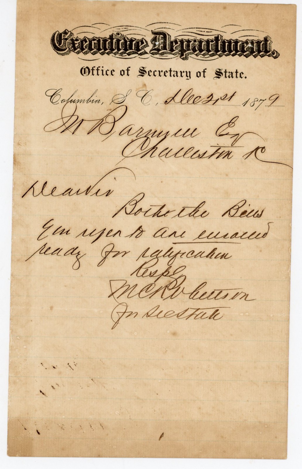 1879 Office Secretary State Handwritten Letter Columbia SC Signed MC Robertson