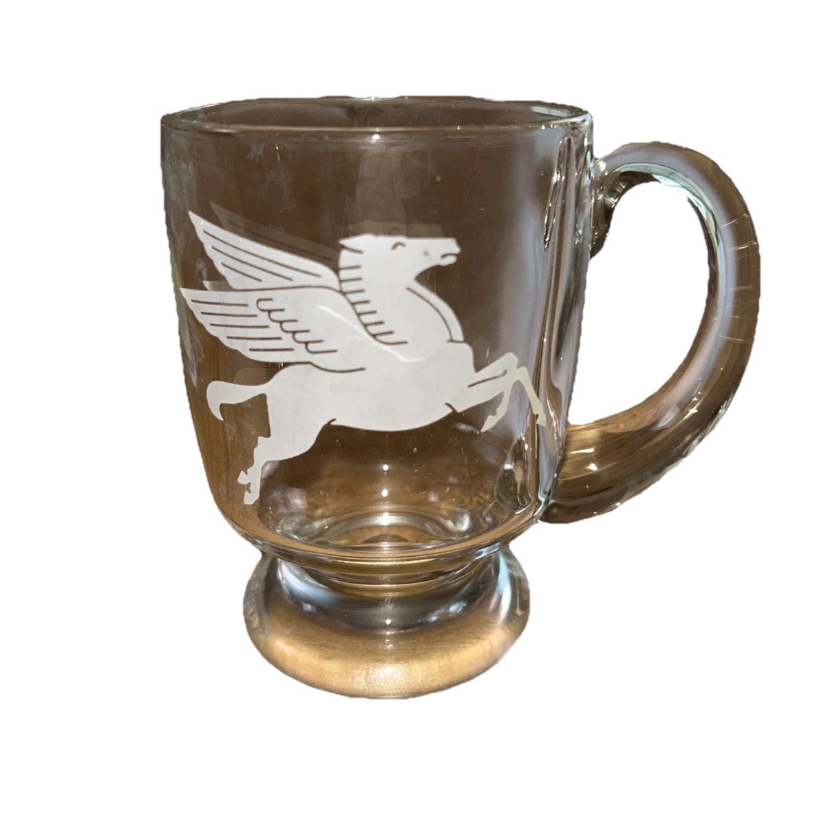 Vintage 1980s MOBIL OIL PEGASUS ETCHED GLASS BEER MUG Exxon ExxonMobil Standard