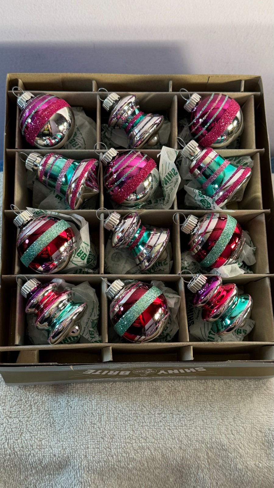 Christmas ornaments Radko Shiny Brite set of 12 balls bells beehives AA3899