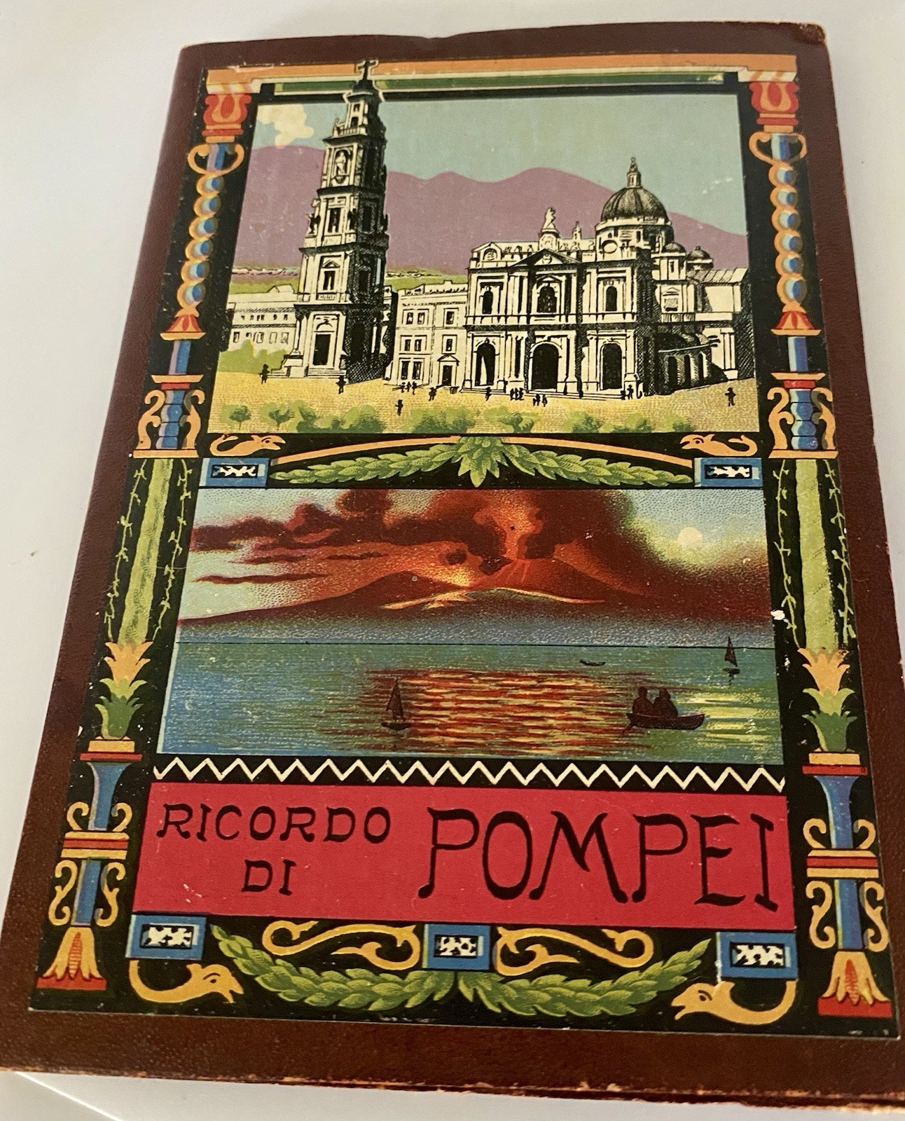 Antique RICORDO DI POMPEI Souvenir Accordion Photo Folder Red Faux Leather Cover