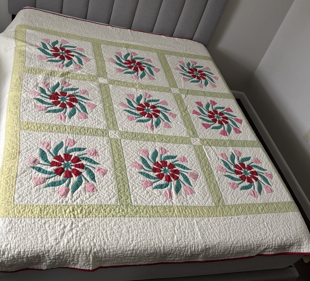 Beautiful Antique Windswept Tulips Applique Quilt Hand Quilted Folk Art